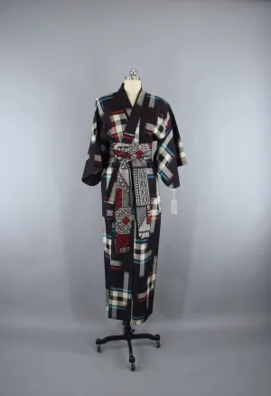 1930s Vintage Silk Kimono Robe / Black & White Meisen IKAT