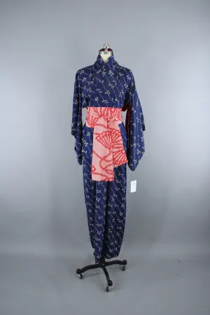 1930s Vintage Silk Kimono Robe / Blue & White Vines Print