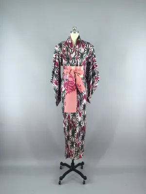 1930s Vintage Silk Kimono Robe / Pink & Black Ikat