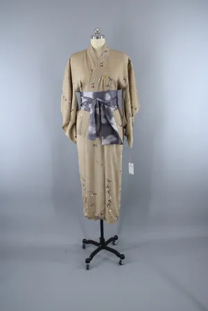 1940s Vintage Silk Kimono Robe / Tan and Grey Polka Dot Floral