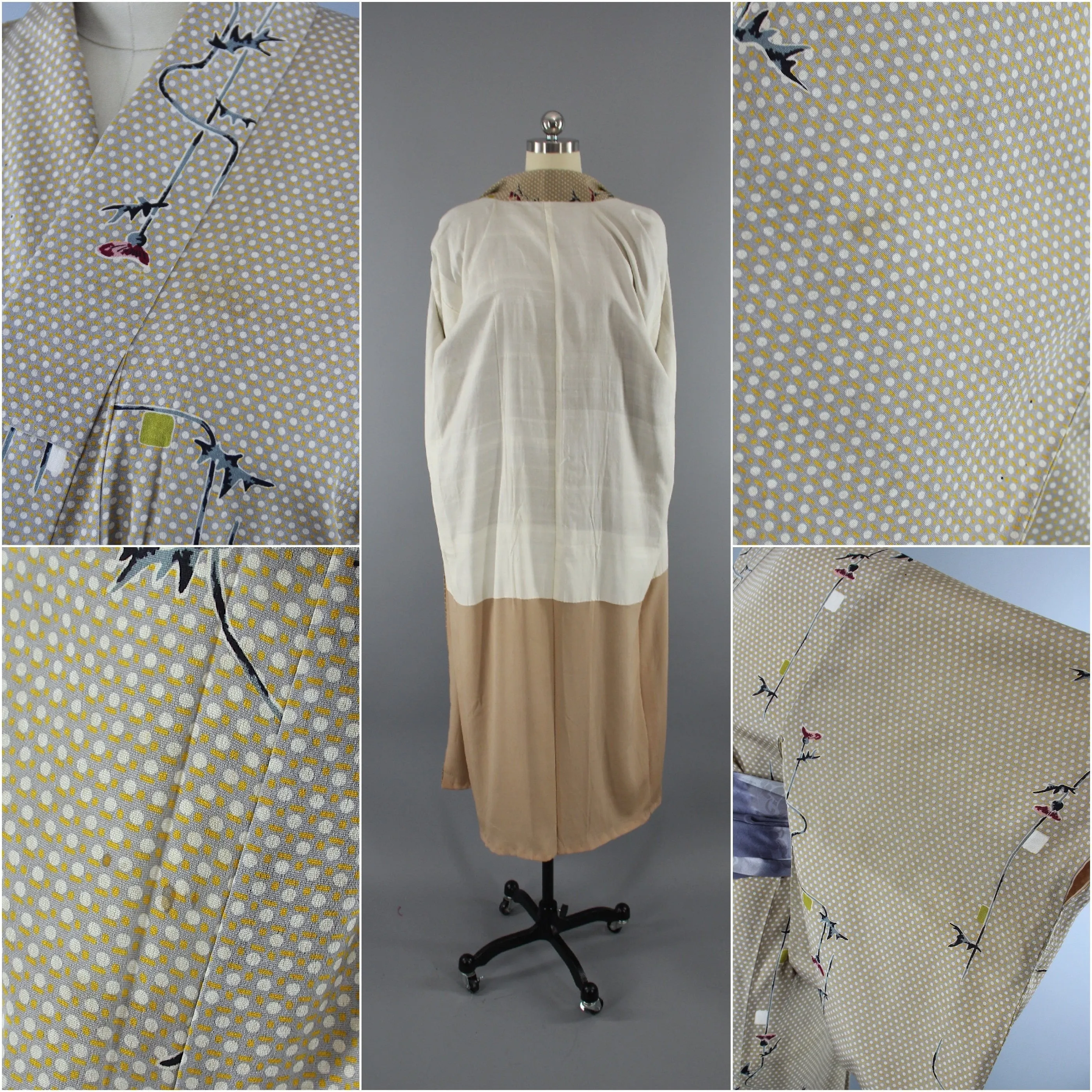 1940s Vintage Silk Kimono Robe / Tan and Grey Polka Dot Floral