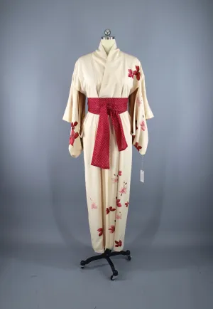 1960s Vintage Silk Kimono Robe / Ivory Red Watercolor Floral Print