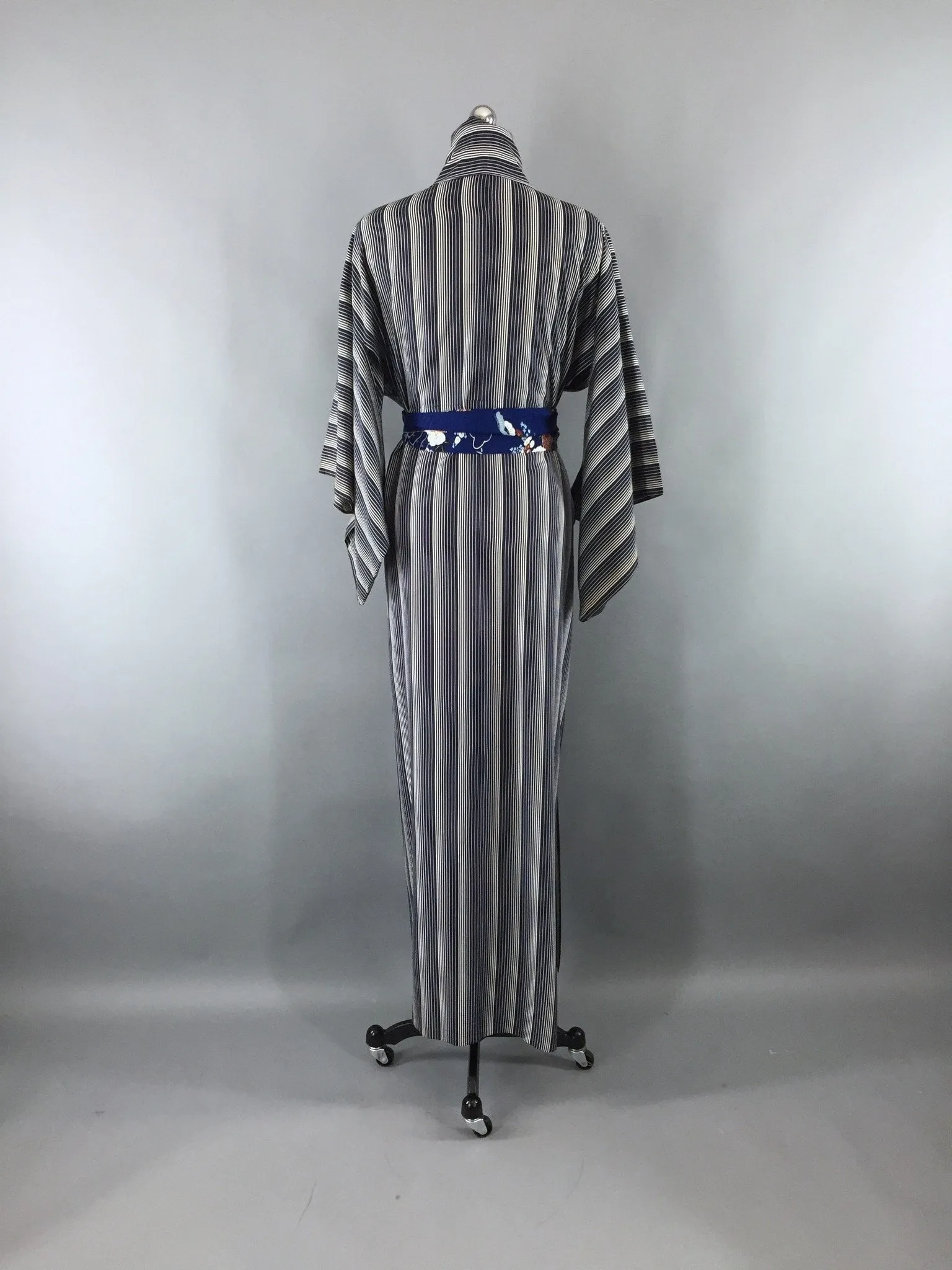 1960s Vintage Silk Kimono Robe with Navy Blue Stripes