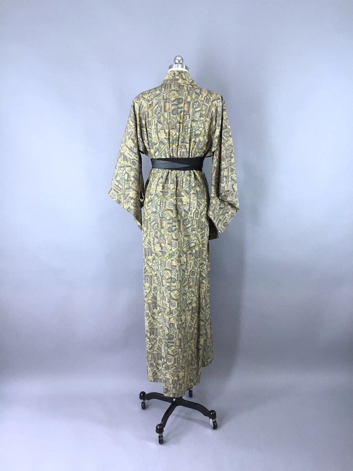 1970s Vintage Kimono Robe / Green & Yellow Abstract
