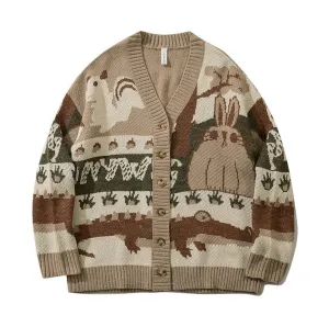 Cottagecore Rabbit Squirrel Crocodile Family Forest Knit Brown & Black Cozy Cardigan