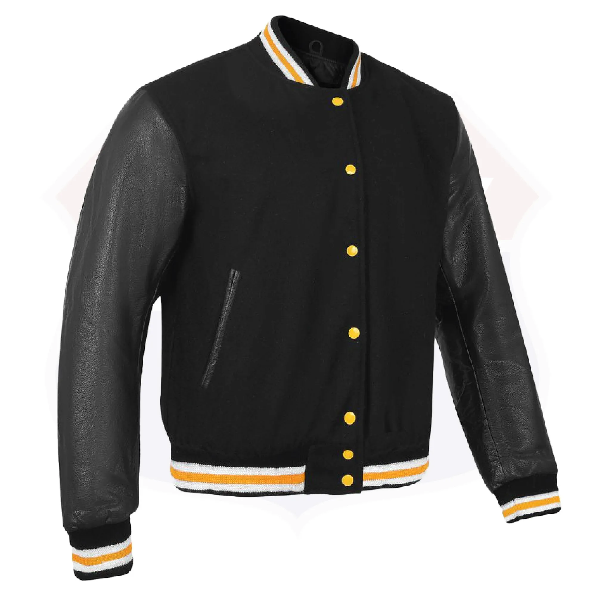 HL2802BLK/Yellow Leather Varsity Jacket Letterman Jacket Baseball Jacket Banded Collar