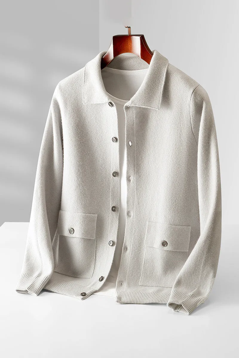 Men's Polo Collar Solid Color Wool Cardigan Autumn Winter Retro Pocket Thick Coat