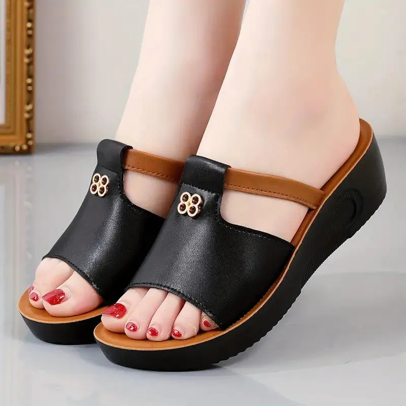 OCW Women Orthopedic Wedge Sandals Lightweight Leather Slip on Cut-out Design Summer Sandals
