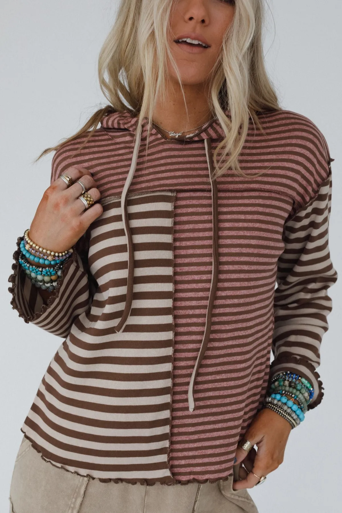 Orla Striped Hoodie Top - Mauve
