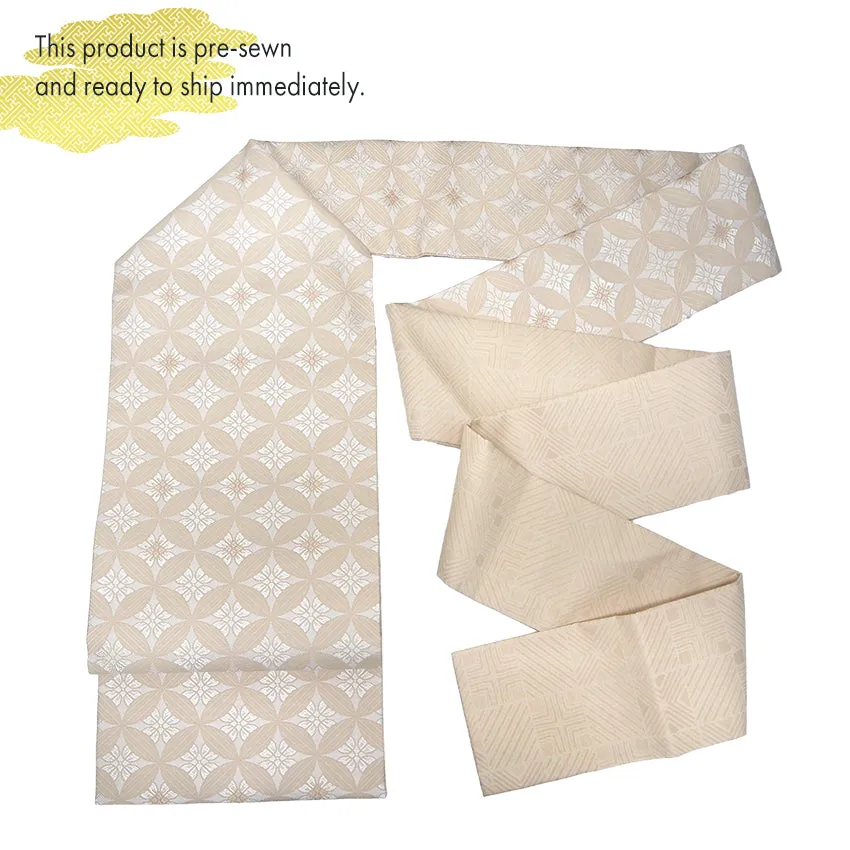 Silk Nishijin Nagoya Obi , Beige with Shippo (Seven Treasures) Pattern