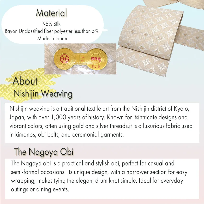 Silk Nishijin Nagoya Obi , Beige with Shippo (Seven Treasures) Pattern