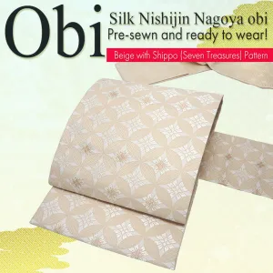 Silk Nishijin Nagoya Obi , Beige with Shippo (Seven Treasures) Pattern