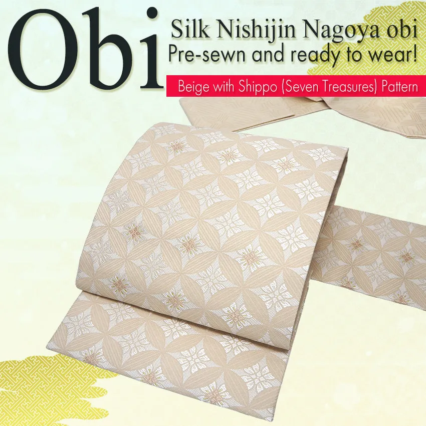 Silk Nishijin Nagoya Obi , Beige with Shippo (Seven Treasures) Pattern