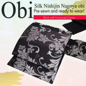 Silk Nishijin Nagoya Obi ,Black with Horizontal Sarasa