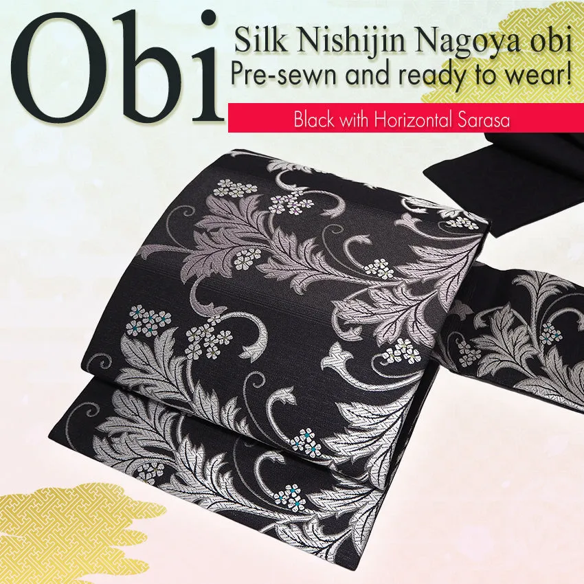 Silk Nishijin Nagoya Obi ,Black with Horizontal Sarasa