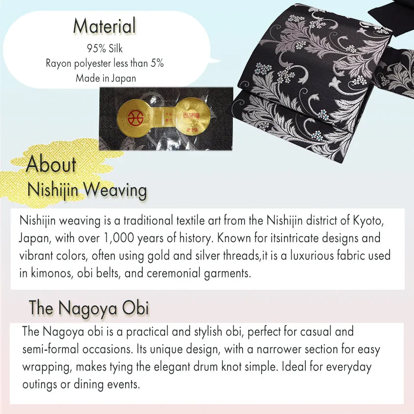 Silk Nishijin Nagoya Obi ,Black with Horizontal Sarasa