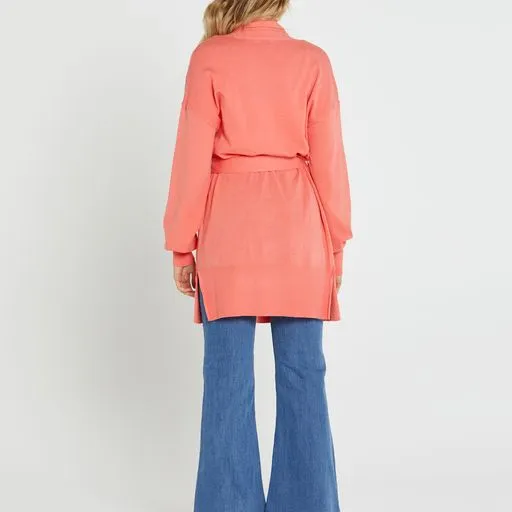 Tabitha Knit Belted Midi cardi - Coral