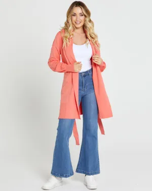 Tabitha Knit Belted Midi cardi - Coral