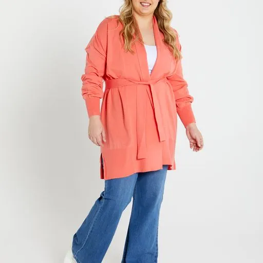 Tabitha Knit Belted Midi cardi - Coral