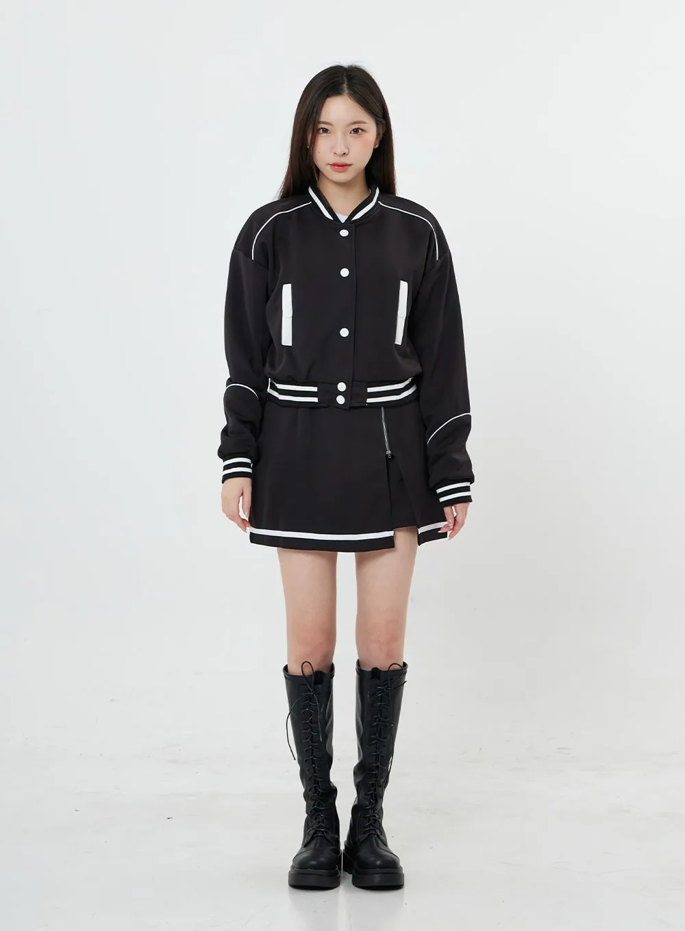 Two Color Sporty Button Jacket And Mini Skirt Set BO20