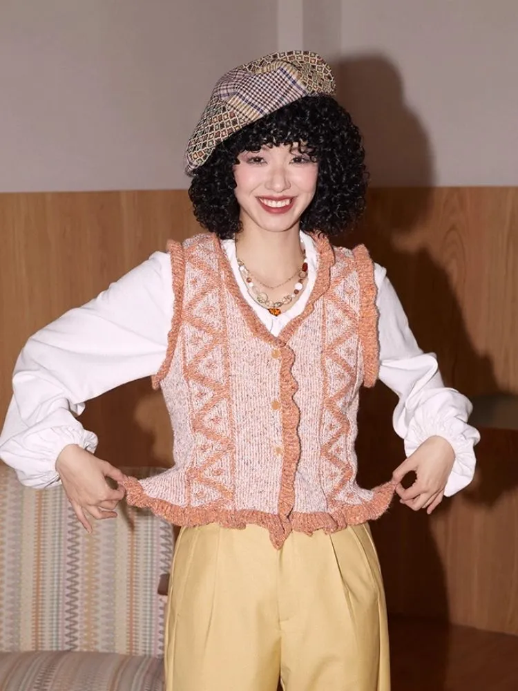 V-Neck Lace Woolen Cardigan Vest【s0000007114】