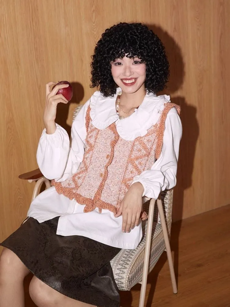 V-Neck Lace Woolen Cardigan Vest【s0000007114】