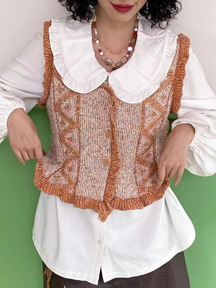 V-Neck Lace Woolen Cardigan Vest【s0000007114】