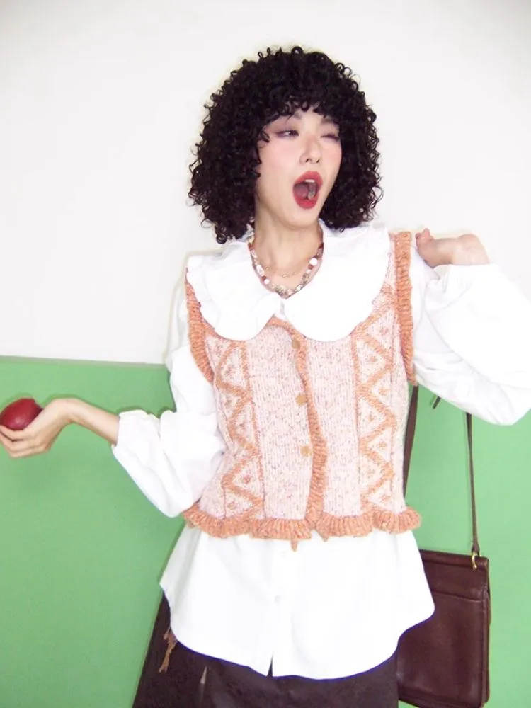 V-Neck Lace Woolen Cardigan Vest【s0000007114】