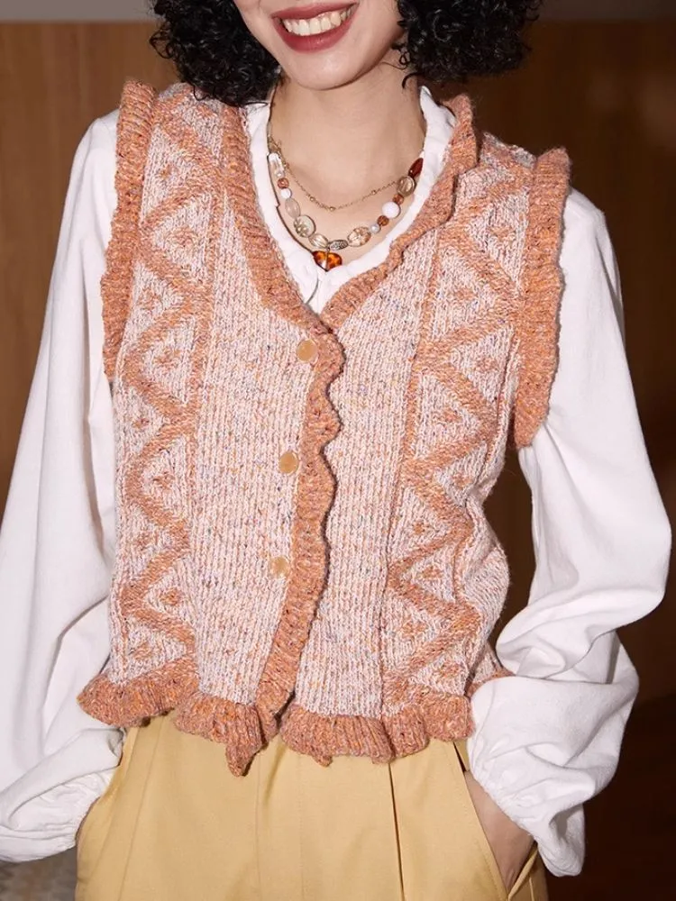 V-Neck Lace Woolen Cardigan Vest【s0000007114】