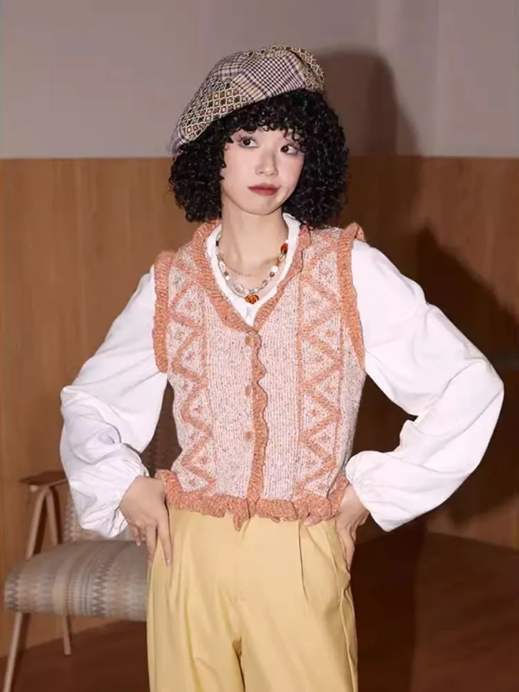 V-Neck Lace Woolen Cardigan Vest【s0000007114】