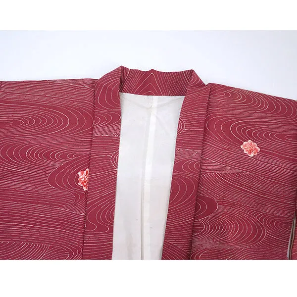 Vintage Haori Kimono Jacket Silk, Deep Red-Purple base, Textured Flowers