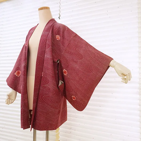 Vintage Haori Kimono Jacket Silk, Deep Red-Purple base, Textured Flowers
