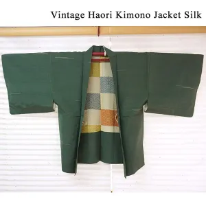 Vintage Haori Kimono Jacket Silk, Green base, Striped Haori
