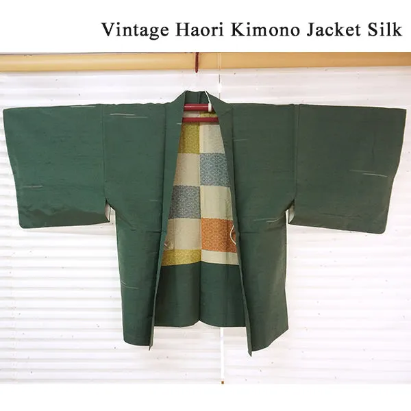 Vintage Haori Kimono Jacket Silk, Green base, Striped Haori
