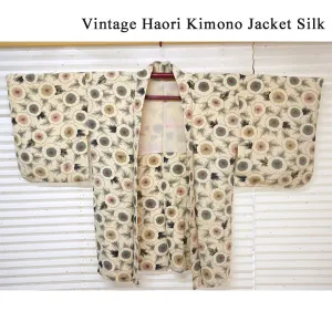 Vintage Haori Kimono Jacket Silk, Ivory base, Elegant Floral