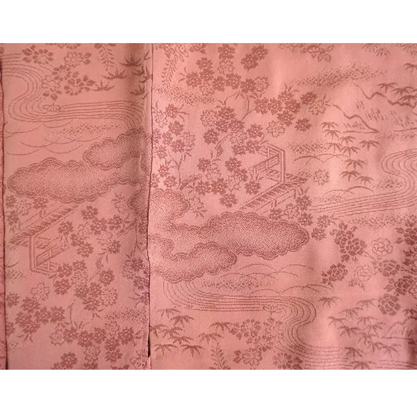 Vintage Haori Kimono Jacket Silk, Orangey-Pink  base,  cherry blossoms