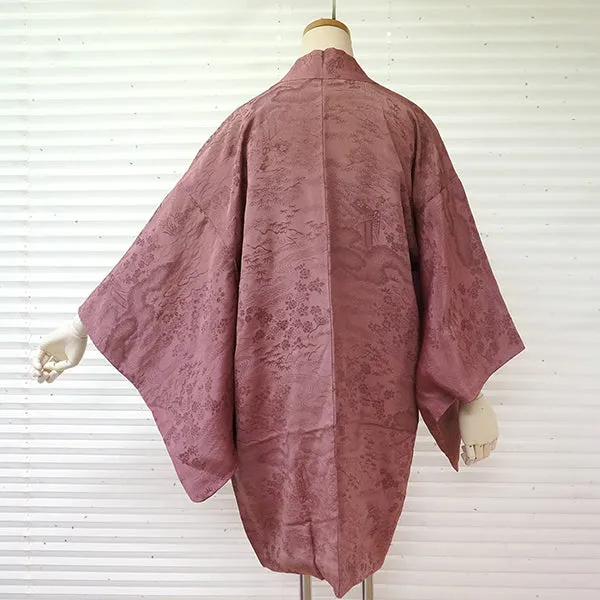 Vintage Haori Kimono Jacket Silk, Orangey-Pink  base,  cherry blossoms