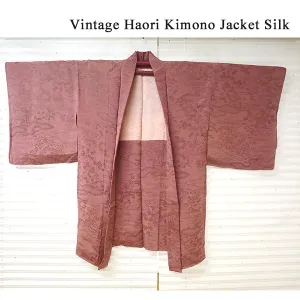 Vintage Haori Kimono Jacket Silk, Orangey-Pink  base,  cherry blossoms