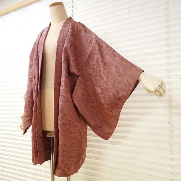 Vintage Haori Kimono Jacket Silk, Orangey-Pink  base,  cherry blossoms