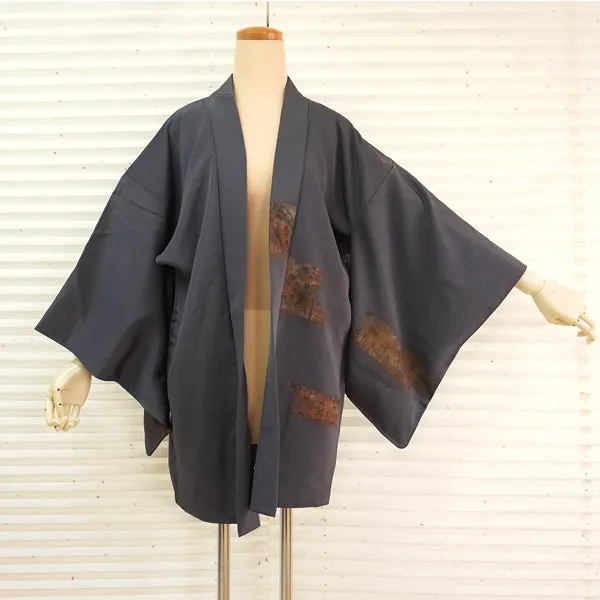 Vintage Haori Kimono Jacket Silk,Blue-Gray base, Shosoin Deer Motif