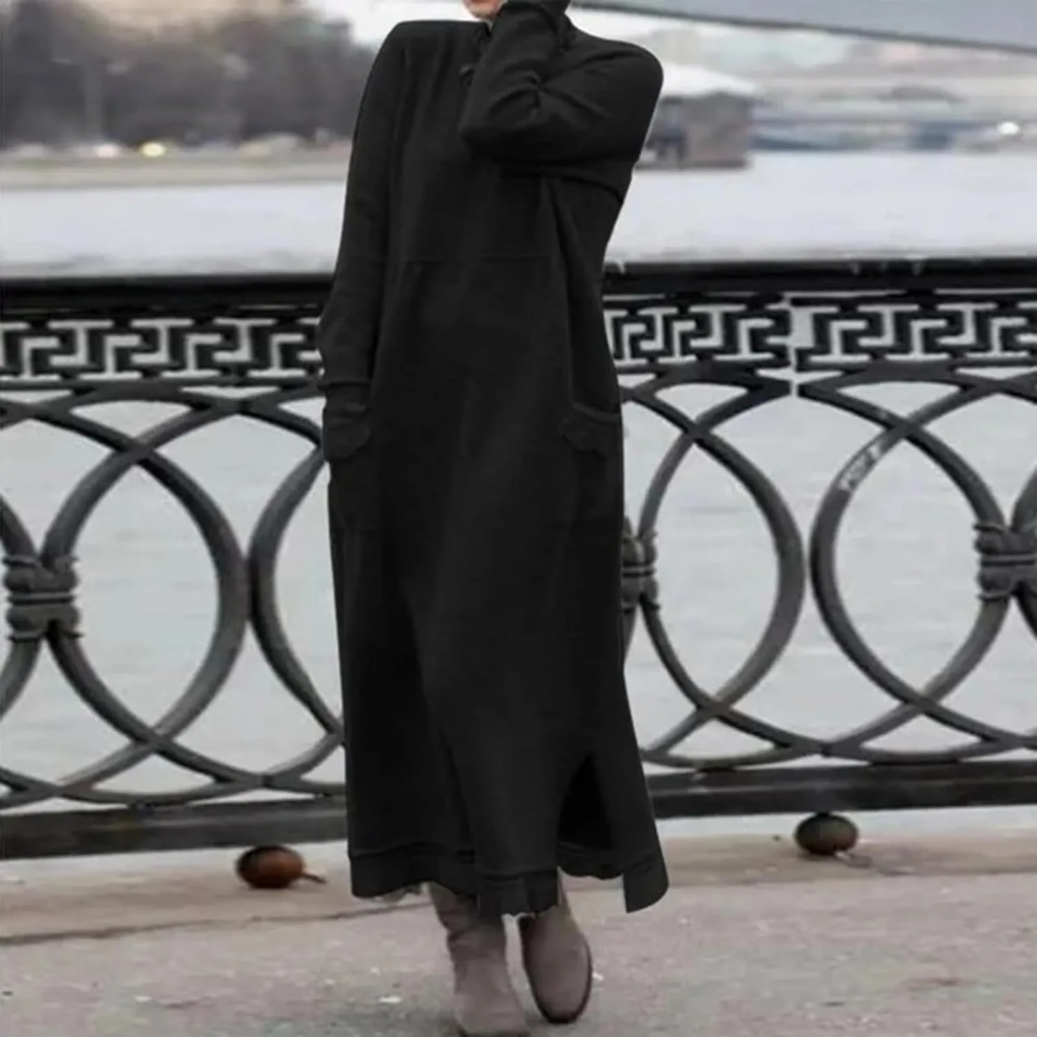Womens Long Sleeve Sweatshirt Dress Elegant Lace Trim Maxi Dress Muslim Girl Spring Fall Autumn Winter Loose Dress