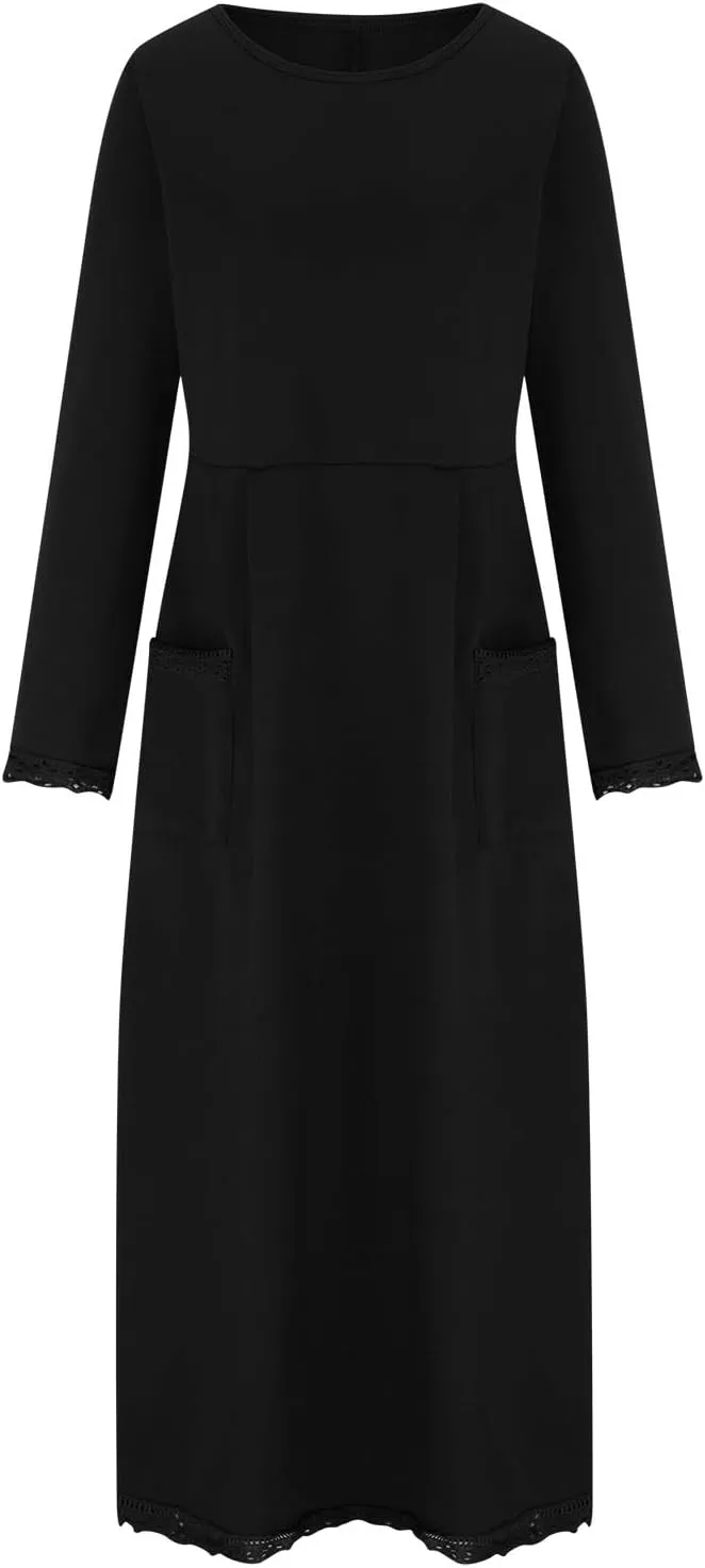 Womens Long Sleeve Sweatshirt Dress Elegant Lace Trim Maxi Dress Muslim Girl Spring Fall Autumn Winter Loose Dress